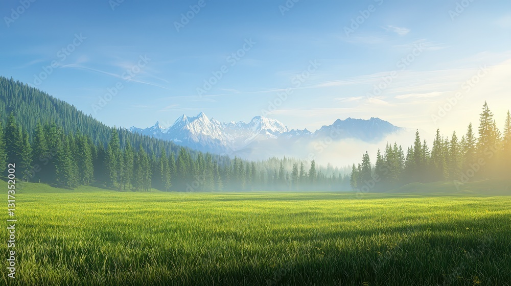 Obraz premium Vast green grass field, serene nature landscape and scenic meadow view lush