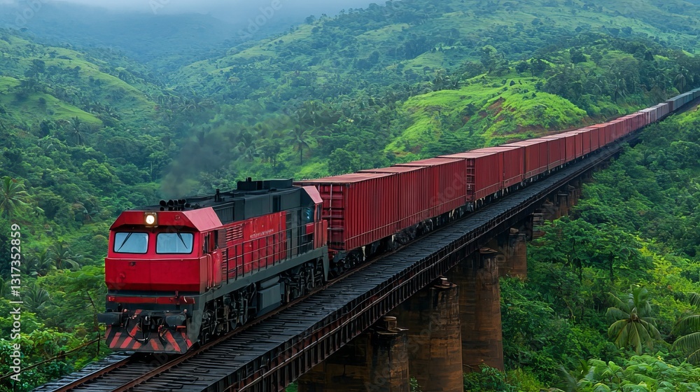 A vibrant red train travels across a bridge, surrounded by lush green hills under a cloudy sky, showcasing the beauty of rail transport in nature. A vibrant red train travels across a bridge, surrounded by lush green hills under a cloudy sky, showcasing the beauty of rail transport in nature.
