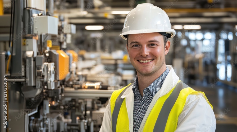 Smiling worker in a factory setting (1) Smiling worker in a factory setting (1)