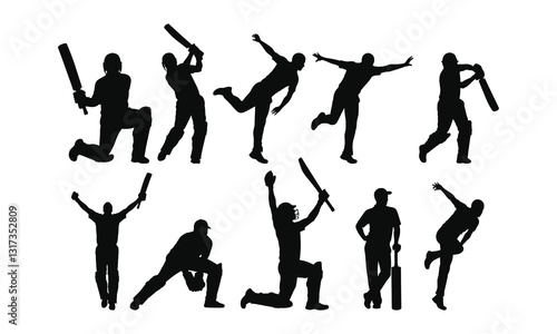 Set of silhouettes of cricket players vector illustration, black and white, monochrome design, minimalist design, isolated on a white background