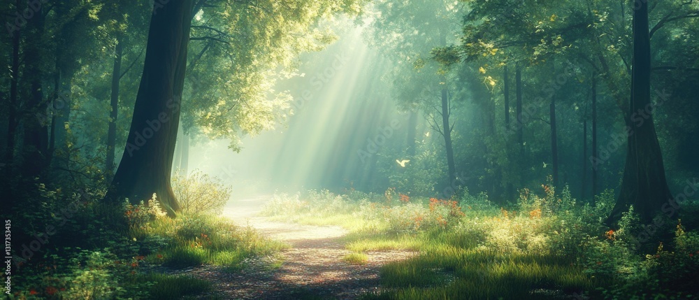 Obraz premium A winding path through dense forest with sunbeams shining through the trees