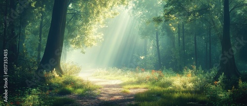 A winding path through dense forest with sunbeams shining through the trees