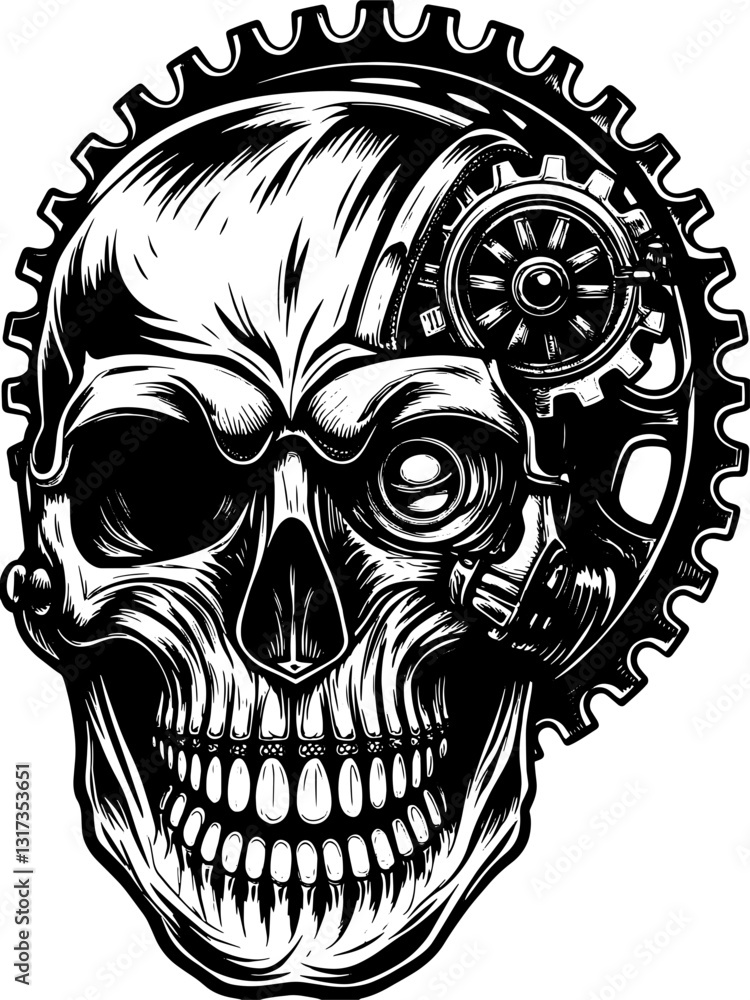 Fototapeta premium SVG vector features robotic and biomechanical skulls. Intricate Skull Design with Mechanical Gear Elements in Black