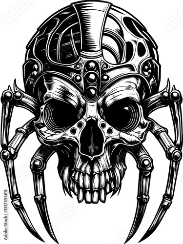 SVG vector features robotic and biomechanical skulls. Intricate Skull and Spider Hybrid Design for Dark Art Lovers