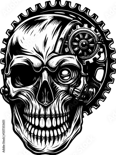 SVG vector features robotic and biomechanical skulls. Intricate Skull Design with Mechanical Gear Elements in Black