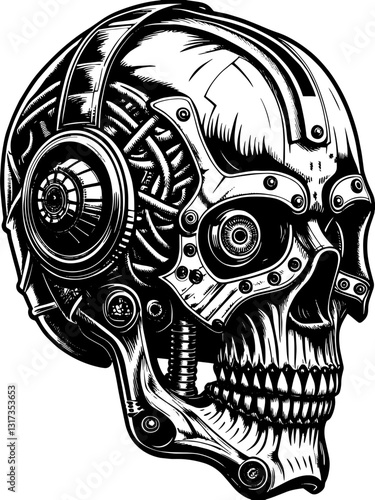 SVG vector features robotic and biomechanical skulls. Detailed Illustration of a Futuristic Mechanical Skull Design