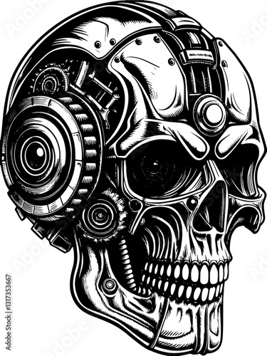 SVG vector features robotic and biomechanical skulls. Futuristic Mechanical Skull Design with Intricate Details