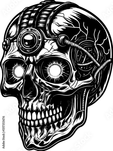 SVG vector features robotic and biomechanical skulls. Intricate Mechanical Skull Design with Futuristic Elements Art