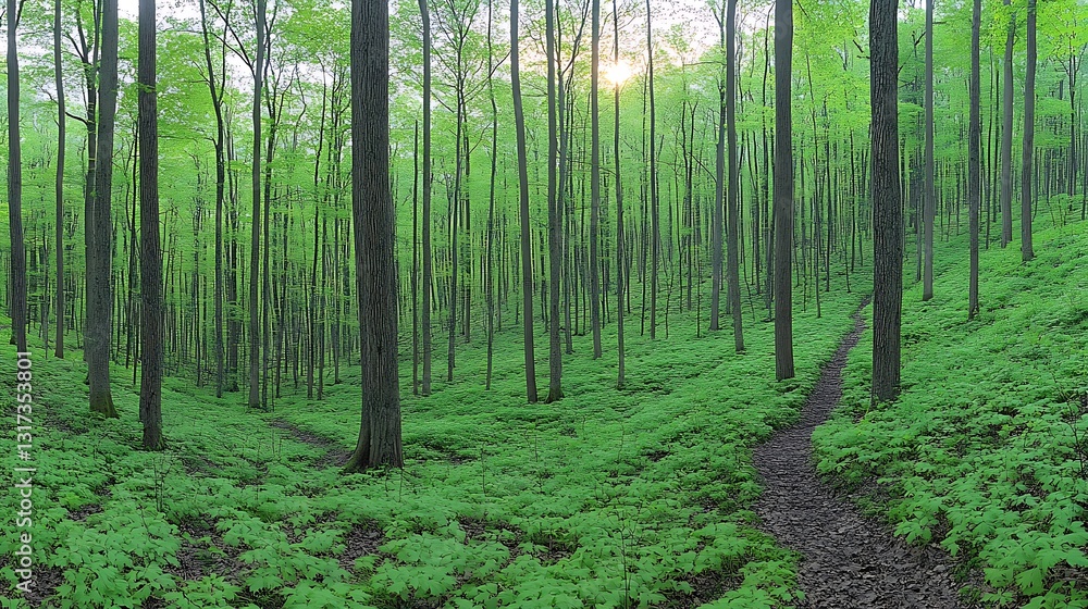 Obraz premium Sunlit green forest with trails.
