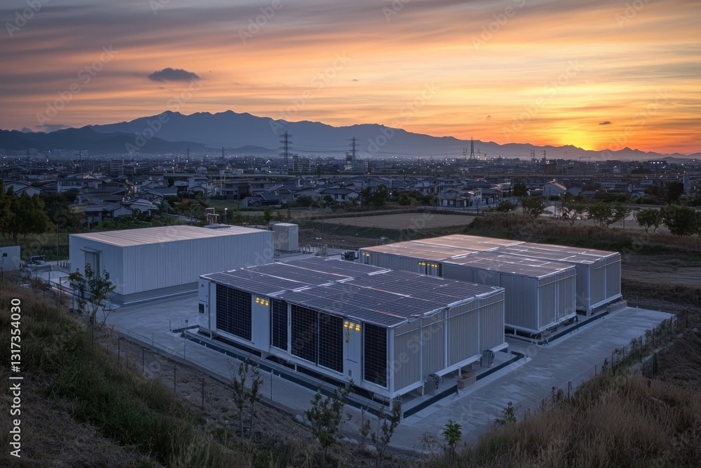 Industrial plant at sunset, buildings against mountains and orange sky Industrial plant at sunset, buildings against mountains and orange sky