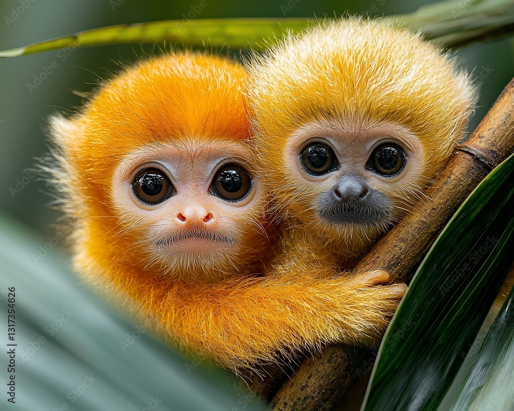 Two adorable golden lion tamarin monkeys cuddling on a branch. Two adorable golden lion tamarin monkeys cuddling on a branch.