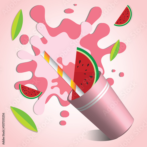 Illustration of a watermelon juice splash with vibrant red and green colors. The design showcases a watermelon slice, a juice cup with a straw, and splash effects, giving a summery and fresh vibe.