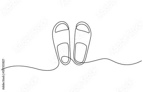 A shoe is drawn in a line on a white background. The shoe is a sandal with a strap, A simple black and white drawing of a flip flop with a cord attached to it. The flip flop is floating in the water.