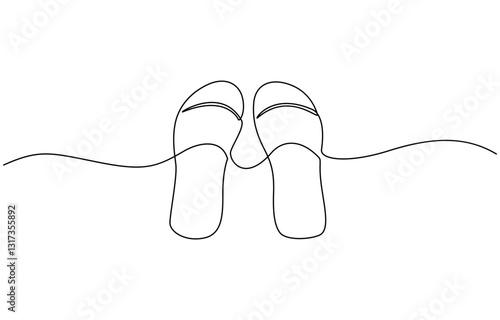 A shoe is drawn in a line on a white background. The shoe is a sandal with a strap, A simple black and white drawing of a flip flop with a cord attached to it. The flip flop is floating in the water.