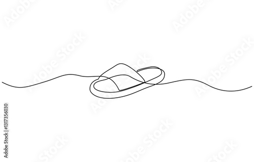 A shoe is drawn in a line on a white background. The shoe is a sandal with a strap, A simple black and white drawing of a flip flop with a cord attached to it. The flip flop is floating in the water.