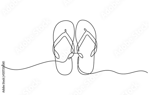 Two flip flops are shown in a line. The flip flops are white and are laying on a white background, The line is drawn in a way that it looks like the flip flops are floating in the air.