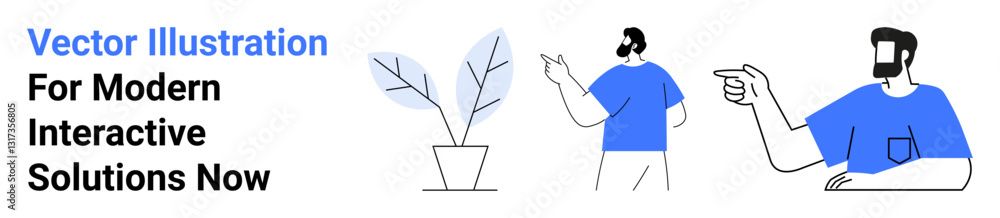 Man gesturing, pointing, and discussing near abstract potted plant. Ideal for teamwork, collaboration, innovation, communication, education, digital platforms flat landing page banner Man gesturing, pointing, and discussing near abstract potted plant. Ideal for teamwork, collaboration, innovation, communication, education, digital platforms flat landing page banner