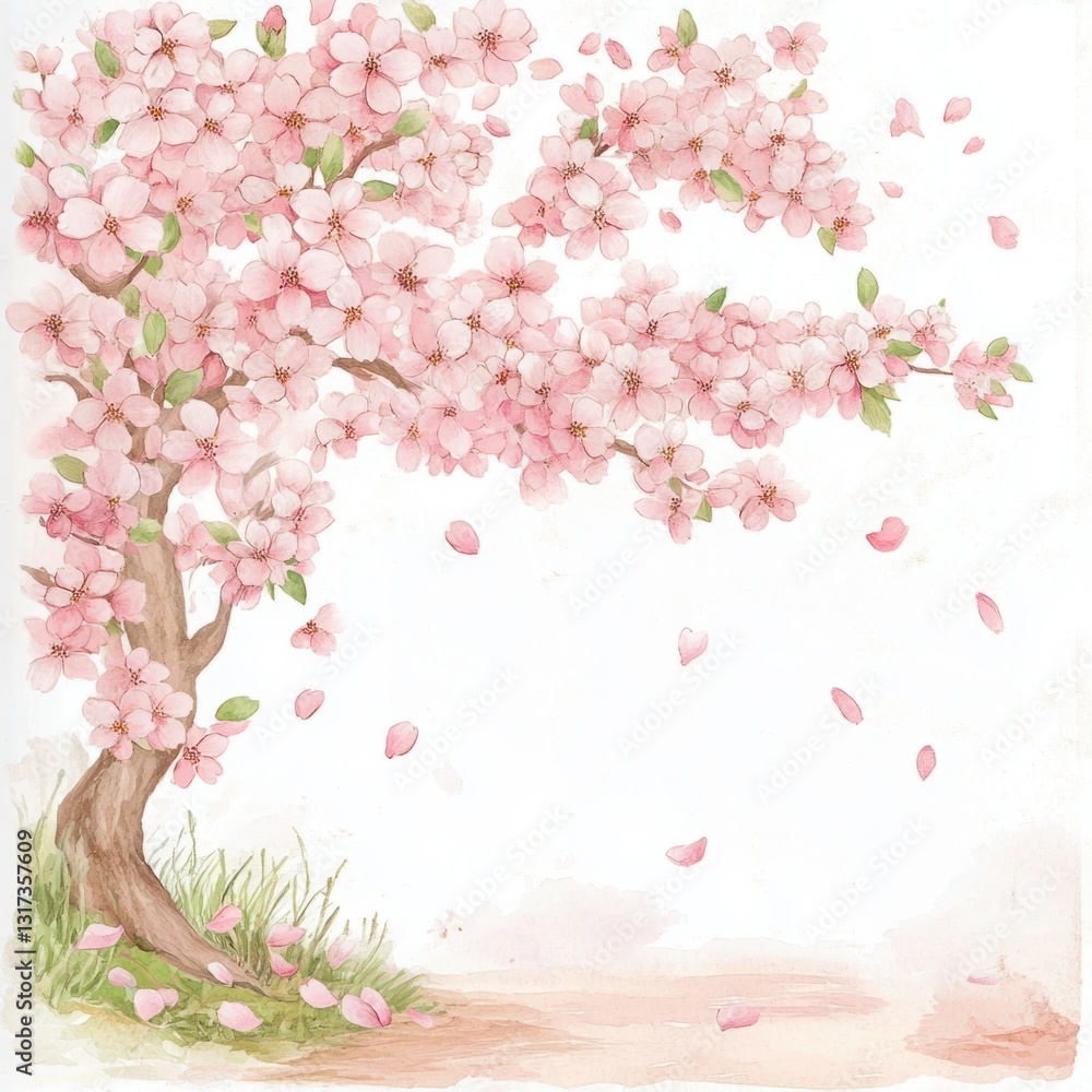 Delicate Cherry Blossom Tree with Soft Pink Flowers and Falling Petals, Representing Spring's Beauty and Renewal in an Elegant Art Style Delicate Cherry Blossom Tree with Soft Pink Flowers and Falling Petals, Representing Spring's Beauty and Renewal in an Elegant Art Style