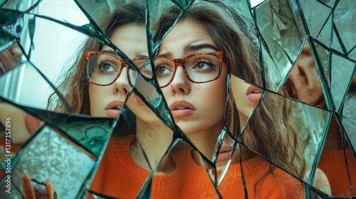 Reflections of a woman in shattered glass in an artistic expression of duality and self-perception hues