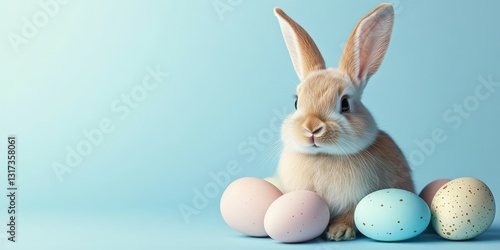 Cute rabbit surrounded by pastel colored eggs on a light blue background during springtime festivities photo