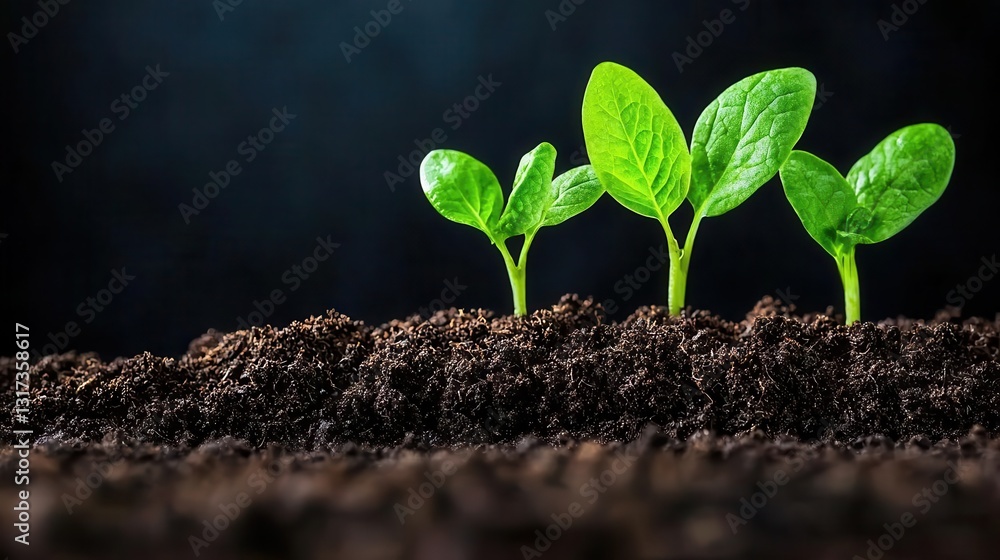 Fototapeta premium Young green plants sprouting from rich soil, against a dark background.