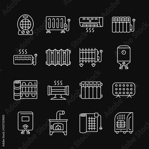 Heater line white icon set on black background. Heating equipment vector sign. Convector, oil radiator, furnace, fan heater, infrared heater, warm floor, air conditioner  symbols. Editable stroke.