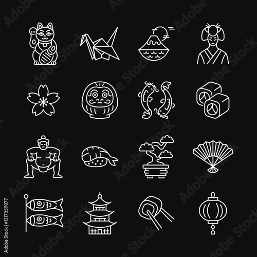 Japan line white icon set on black background. Japanese traditional vector sign with sakura, origami, maneki neko cat, daruma, koi fish, sushi, pagoda, sumo wrestler, geisha. Editable stroke.