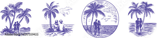 set of Vintage engraving -Style Vector Illustration of a Couple on a Tropical Beach with Palm Trees – Perfect for Summer, Travel, and Vacation-Themed Designs