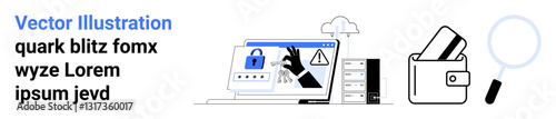 Laptop displaying security warning, password input and cloud server. Open wallet with cards, magnifying glass. Ideal for data protection, cybersecurity awareness, financial security, online safety