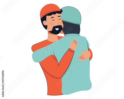 Two muslim man hugging and wishing eid mubarak on ramadan kareem character vector illustration