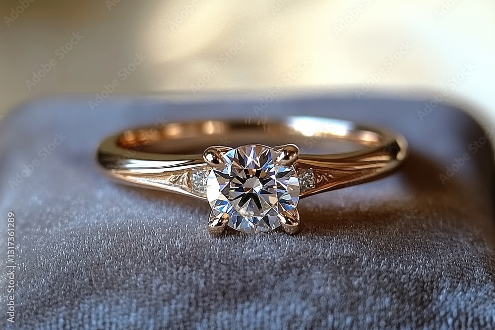 Elegant ring. Rose gold with a brilliant cut center stone rests on soft fabric Elegant ring. Rose gold with a brilliant cut center stone rests on soft fabric