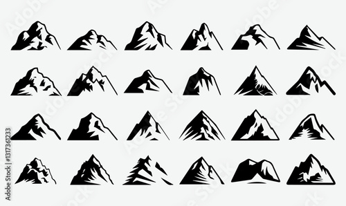 Mountain Silhouette Set, Minimalist Black and White Peaks, Adventure Logo Icons, Abstract Alpine Range, Nature-Inspired Graphic Design, Rugged Summit Illustrations, Outdoor Landscape Elements, Snowy T