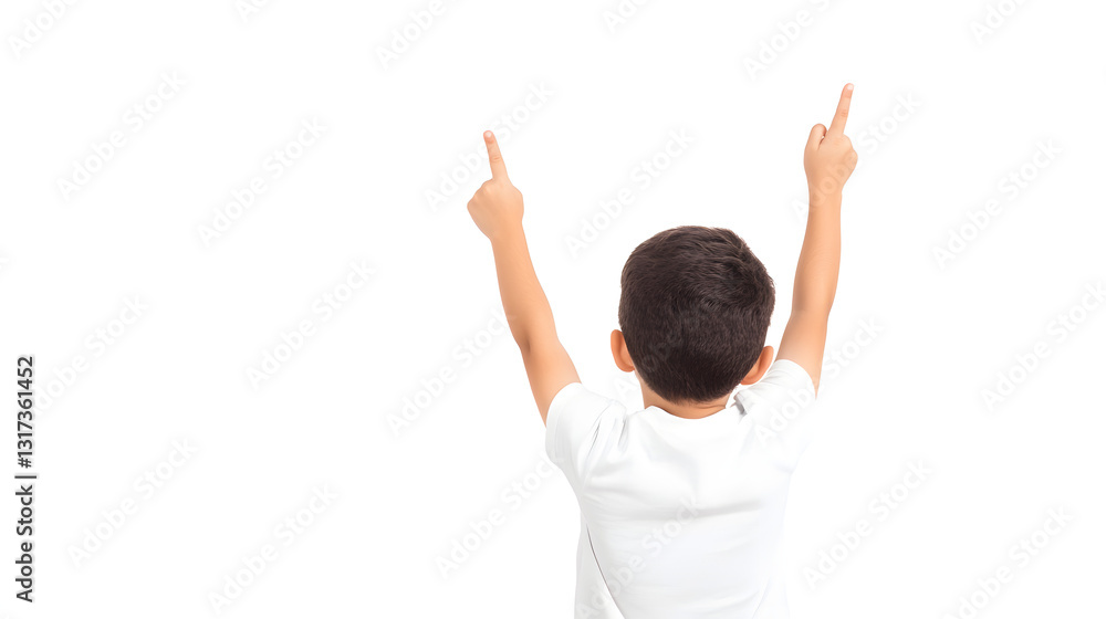 A Hispanic child pointing upwards from a back perspective, showcasing curiosity and engagement.
A Hispanic child pointing upwards from a back perspective, showcasing curiosity and engagement.