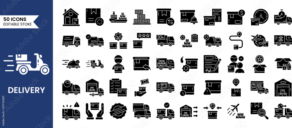 Delivery icons set in solid style. Delivery methods, courier, order tracking, box, pick list, delivery truck, delivery bike and more. Vector illustration Delivery icons set in solid style. Delivery methods, courier, order tracking, box, pick list, delivery truck, delivery bike and more. Vector illustration