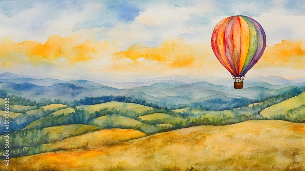 Fototapeta premium Watercolor Painting of Hot Air Balloon Soaring Over Scenic Rolling Hills and Mountains Landscape