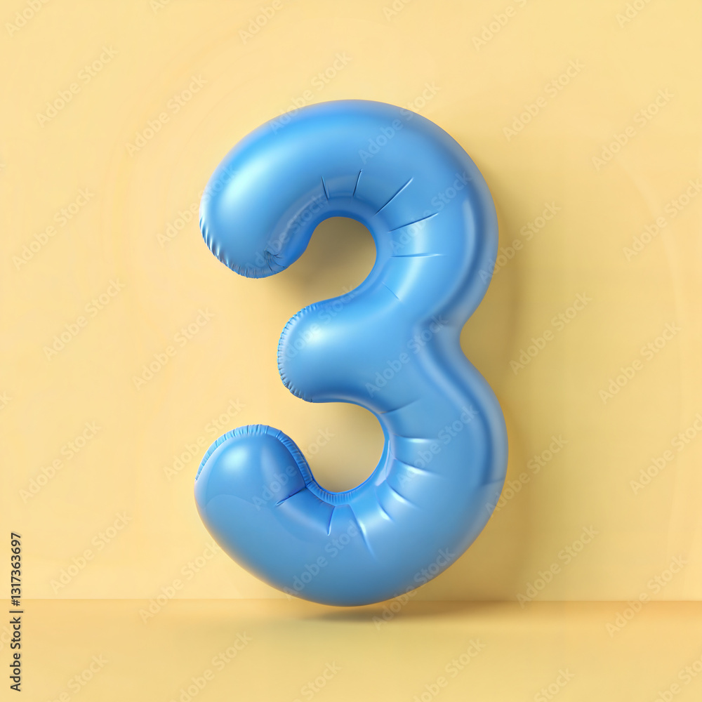 Fototapeta premium Shiny blue number 3 balloon on a yellow background