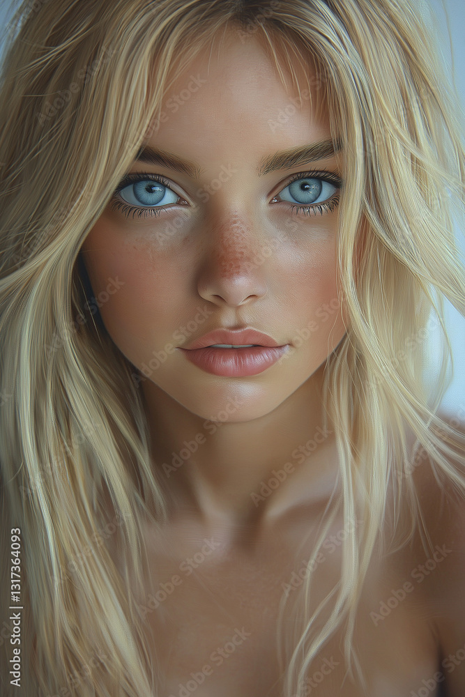 A close-up portrait of a young blonde woman with striking blue eyes, natural makeup, and tousled hair, exuding beauty, freshness, and elegance
A close-up portrait of a young blonde woman with striking blue eyes, natural makeup, and tousled hair, exuding beauty, freshness, and elegance