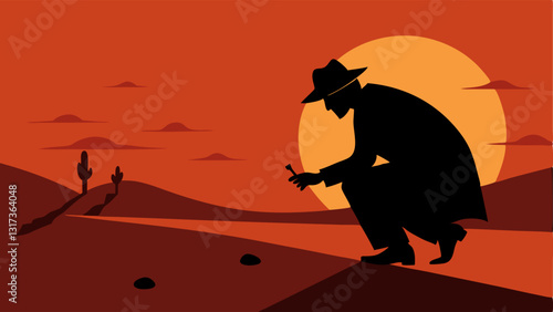 Sunset Background A detective silhouetted against a sunset bending down to pick up a bullet casing from a dirt road creating a dramatic scene.