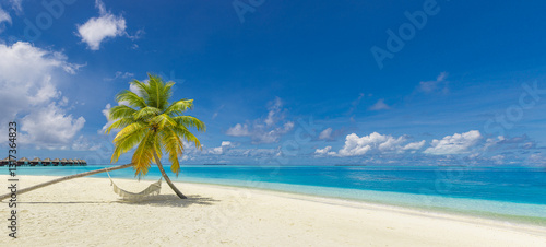 Fototapeta Naklejka Na Ścianę i Meble -  Tropical beach summer relax landscape with swing or hammock and sunny sky, white sand and calm sea background. Amazing calm peaceful vacation and summer holiday design. Luxury travel popular tourism