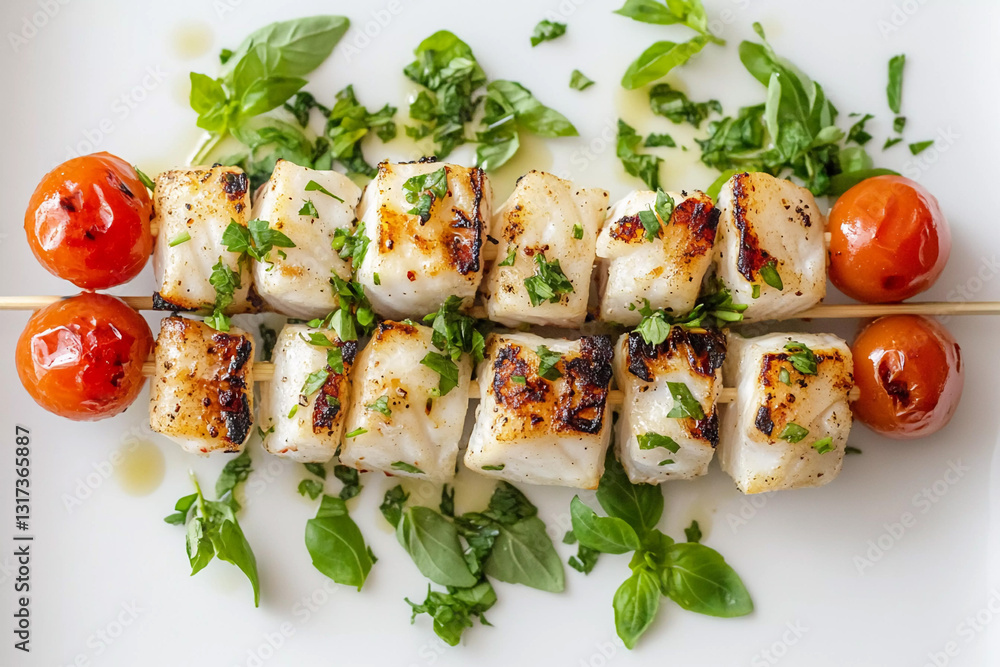 Grilled fish and tomato skewers served on fresh basil at a summer gathering Grilled fish and tomato skewers served on fresh basil at a summer gathering