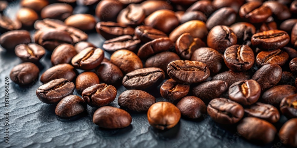 A close-up view of dark brown coffee beans scattered on a textured dark gray surface, highlighting the intricate details and rich aroma of freshly roasted coffee A close-up view of dark brown coffee beans scattered on a textured dark gray surface, highlighting the intricate details and rich aroma of freshly roasted coffee