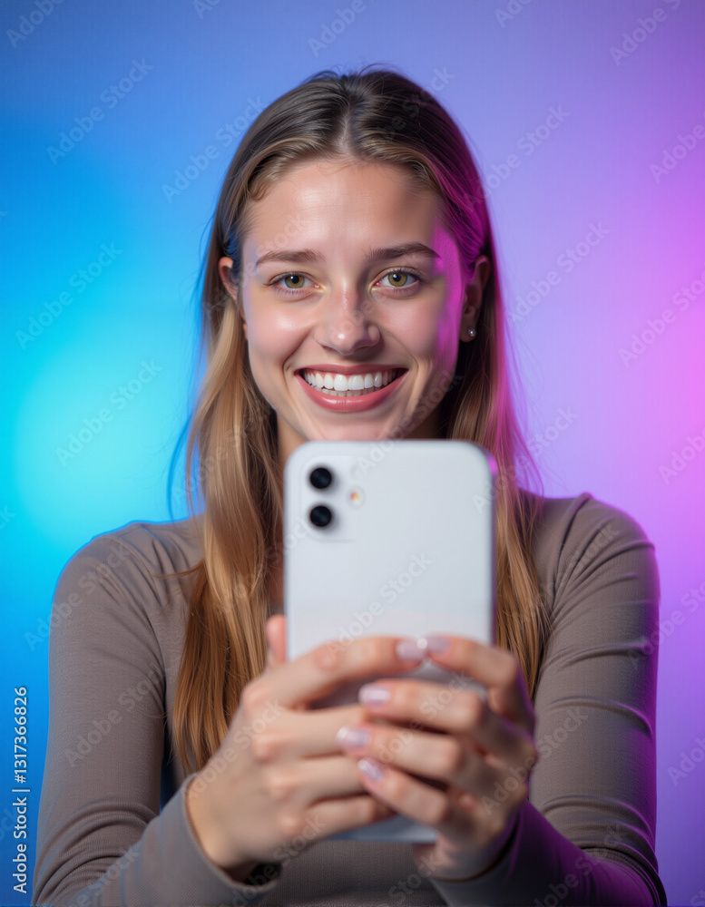 Cheerful young woman with long brown hair looking at smartphone against blue-purple gradient background with copy space Cheerful young woman with long brown hair looking at smartphone against blue-purple gradient background with copy space