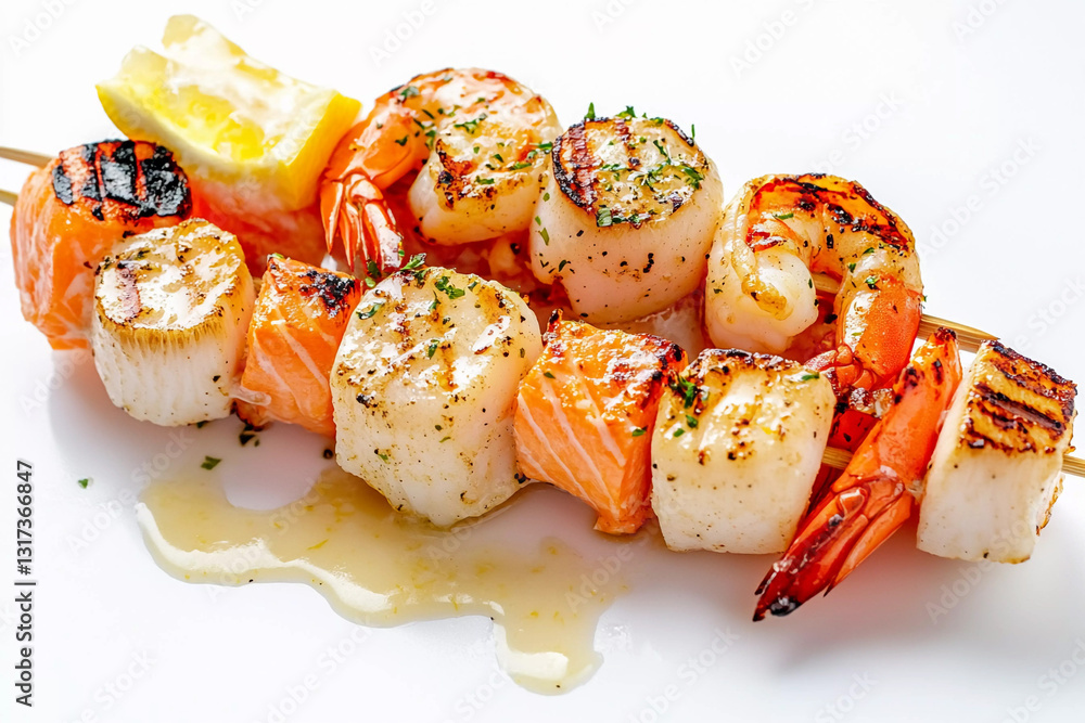 Grilled seafood kabobs with shrimp, scallops, and salmon garnished with lemon Grilled seafood kabobs with shrimp, scallops, and salmon garnished with lemon