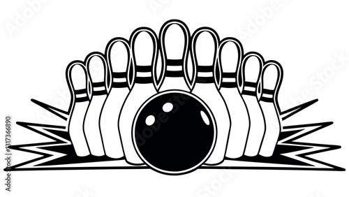 A  group of bowling pins with a ball ready to knock them down in a classic game of bowling

