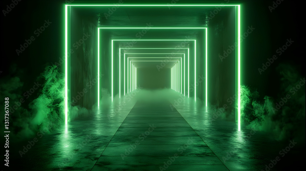 Fototapeta premium Green Neon Light Tunnel With Smoke In A Dark Futuristic Setting With 3D Rendered Illustration