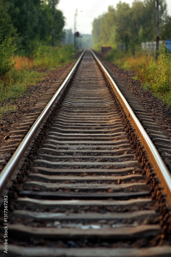 A person is walking along a train track in a rural or industrial setting A person is walking along a train track in a rural or industrial setting