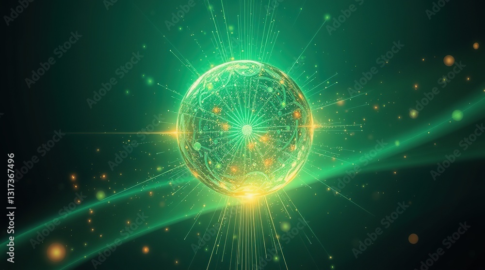 Obraz premium Graceful and elegant futuristic sci-fi artwork: a radiant green sphere emitting glowing particles and light streaks.