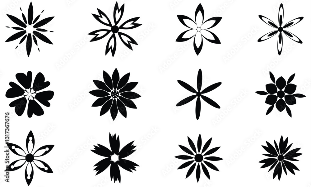 black and white flowers icon set black and white flowers icon set