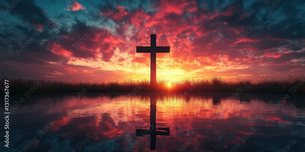 Cross silhouetted against a vibrant sunset with reflective water and dramatic clouds in the background Cross silhouetted against a vibrant sunset with reflective water and dramatic clouds in the background