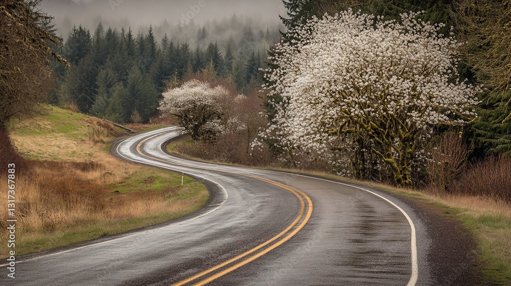 Fototapeta premium Winding road, spring blossoms, misty forest, travel